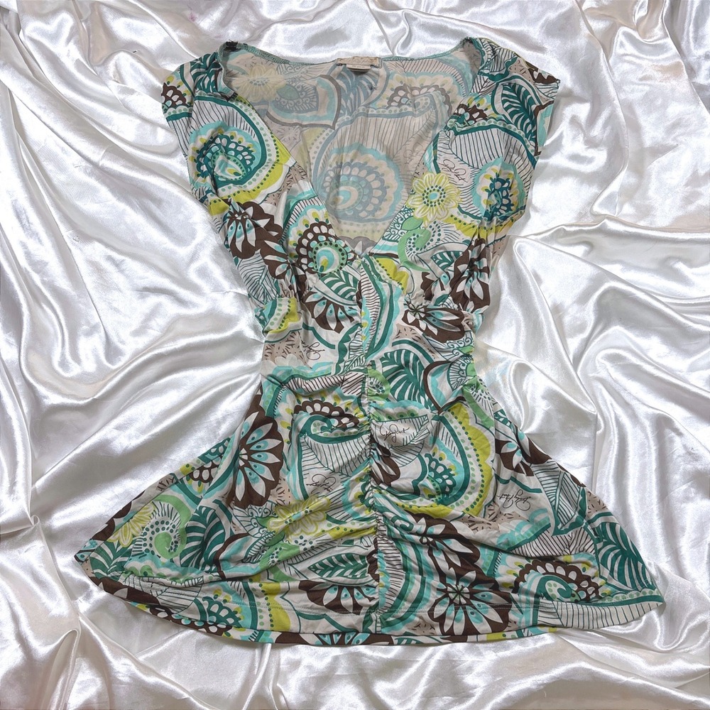 y2k Baby Phat Tunic Top Teal Green Excellent Ruched Paisley V-Neck U2A00085 1X